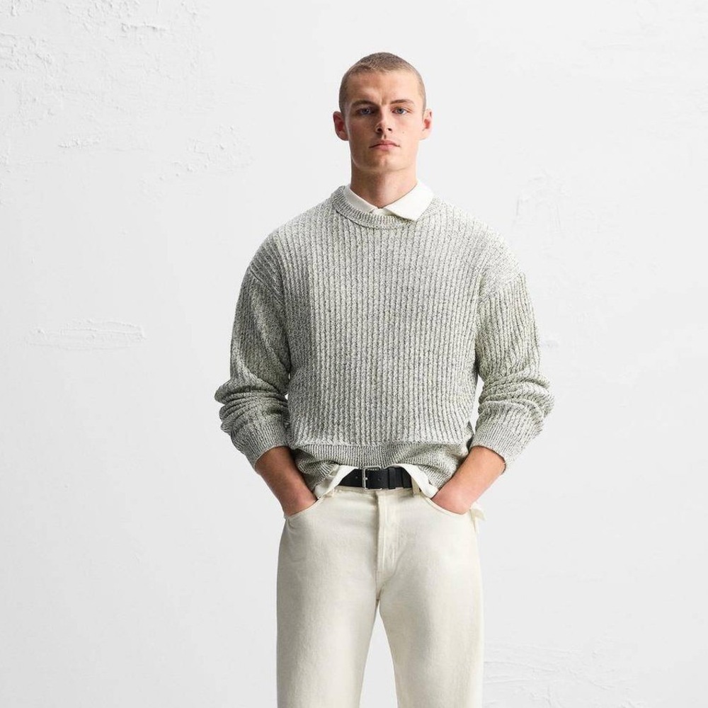 ZARA Men's Textured Knit Crewneck Sweater Grey relaxed chunky 90s preppy XL